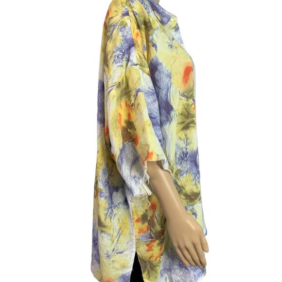 Go Silk Women 2X Beach Blouse Boho Tropical Altered Short Sleeve Linen Button Up - Picture 6 of 13